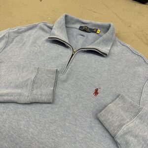 Polo Ralph Lauren Sweater Mens Large Blue 1/4 Zip Mock Neck Cotton Pony Logo